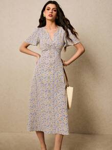 Poéselle 女士节日碎花扭纹设计荷叶边袖中长连衣裙 - 藍白色 - 查看 4