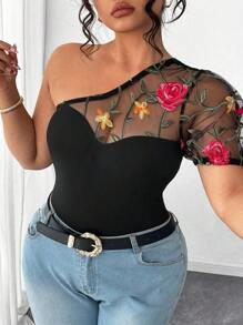 Elenzga Body elegante con cuello asimétrico, mangas cortas, decorado con volantes de malla con estampado de hojas en talla grande - Multicolor - Ver 5