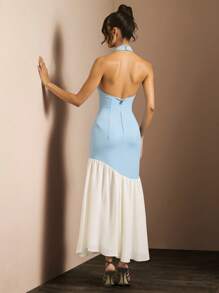 Glamine Sexy Spaghetti Strap Contrast Color Dress - Blue - View 2
