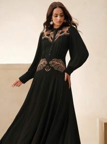 Anewsta 女士优雅黑色雪纺刺绣 A 字长袖连衣裙，适合春季、夏季、度假、节日