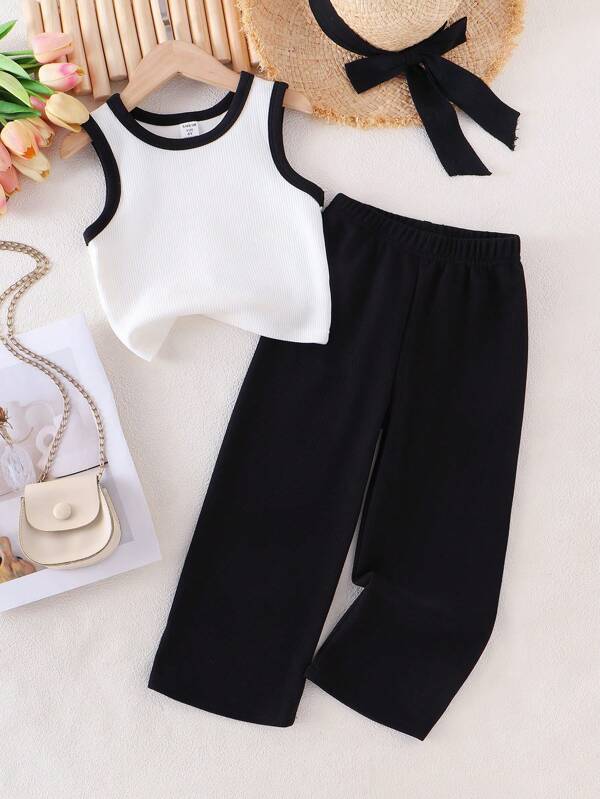 Set de 2 piezas para niña (pequeña) con top/chaleco de punto crema casual y pantalones negros relajados, conjunto cómodo de verano para niños