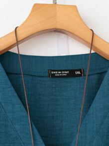 Linhara Plus Size Vacation Casual Solid Color Lantern Sleeve Shirt And Trousers 2 Pieces Set Fall Cloth For Women - Teal Blue - View 3