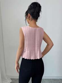 Elenzga Women's Round Neck Sleeveless Pleated Shirt With Bow Decor - Multicolor - View 2