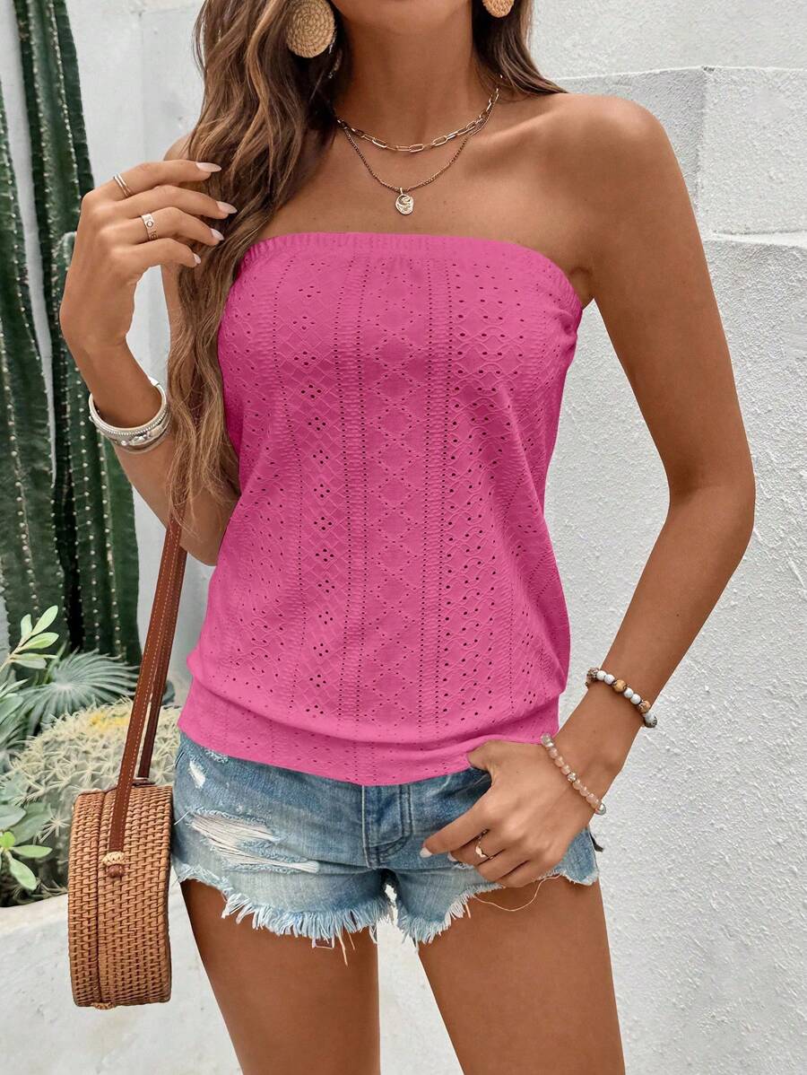 Breezaya Women's Vacation Tie-Dye Embroidered Ruffle Bandeau Top - Hot Pink - View 1