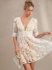 Amorya Vestido blanco evasé de mujer con escote en V y bordados, de estilo de moda elegante
