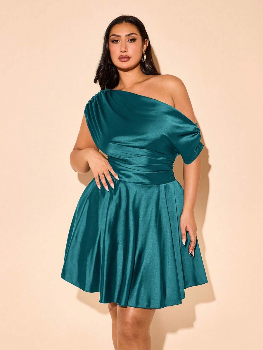 SHEIN BAE Plus Size Women's Elegant Asymmetric Open Shoulder Satin Dress, Suitable For Dates, Afternoon Tea, Party Gatherings, Women's Workwear, Summer Women's Outfits, Festival Outfits, Beach Outfits, Rave Outfits, Summer Dresses, Birthday Dresses