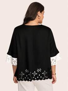 SHEIN LUNE Plus Size Summer Casual Black & White Contrast Hollow Out Blouse Country Concert Graduation Summer Brunch Mother's Day Church - Black and White - View 6