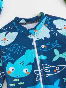 SHEIN Toddler Boys' Swimwear, Adorable Cartoon Print Long Sleeve One-Piece With Sun Hat, Suitable For Summer Vacation, Beach, Surfing, Water Park