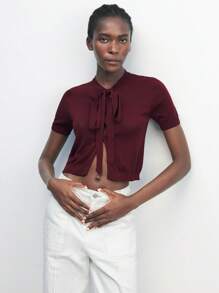 Maija Women's Red Rib-Knit Tie Neck Crop Sweater: Short Sleeve Casual Knitwear Top - Red - View 5