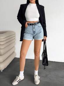 SHEIN Women Button Front Pocket Casual Versatile Denim Shorts - Medium Wash - View 4