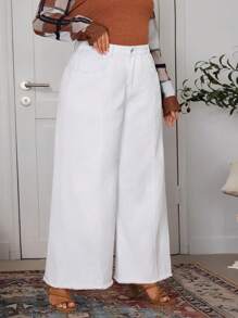 EMERY ROSE Plus Size Women's Pocketed Wide Leg Loose Casual Versatile Jeans - White - View 3