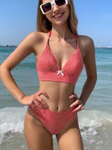 SHEIN Conjunto de 2 piezas de traje de baño para adolescentes con escote de corbata, corte lateral y estampado rojo a cuadros para vacaciones en la playa, trajes de baño de 2 piezas, bikinis para adolescentes, trajes de baño de 2 piezas para niñas