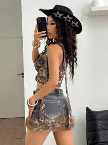 Coolane Áo ba lỗ ren họa tiết da báo Y2K thời trang dạo phố cho lễ hội âm nhạc mùa hè dành cho nữ - màu nâu - Xem 4