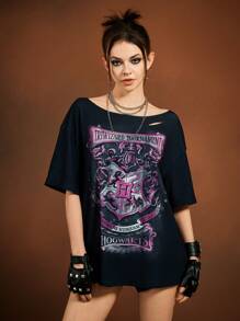 HARRY POTTER X SHEIN Women's Black Asymmetrical Shoulder Casual Retro Punk Dark Mottled Letter & College Badge Pattern Short Sleeve Loose T-Shirt, Comfortable In Summer