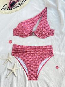Swim Mod Women's Floral Print One Shoulder Bikini Set, Non-Push Up With Underwire, Swimsuit For Holiday For Summer Beach Vacation - Hot Pink - View 1