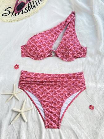 Swim Mod Women's Floral Print One Shoulder Bikini Set, Non-Push Up With Underwire, Swimsuit For Holiday For Summer Beach Vacation