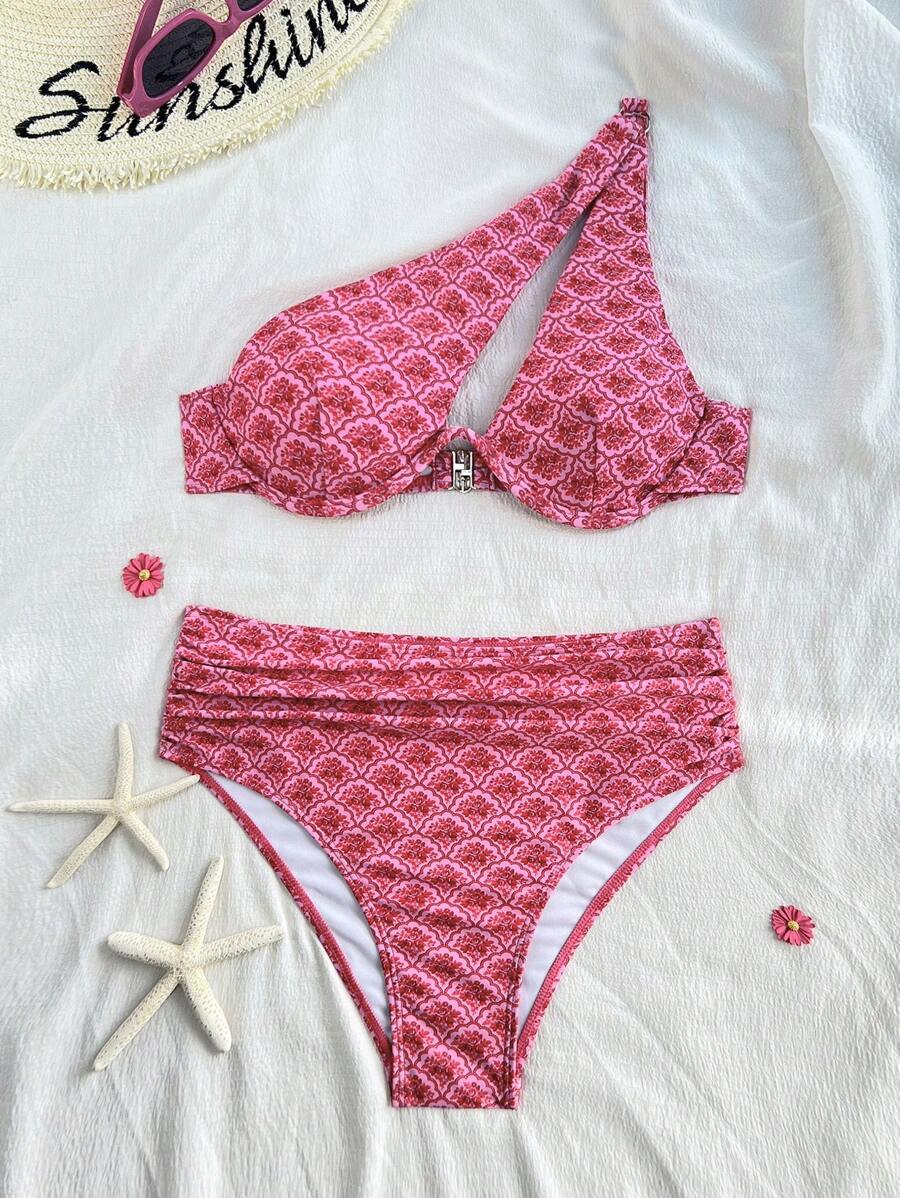Swim Mod Women's Floral Print One Shoulder Bikini Set, Non-Push Up With Underwire, Swimsuit For Holiday For Summer Beach Vacation - Hot Pink - View 1