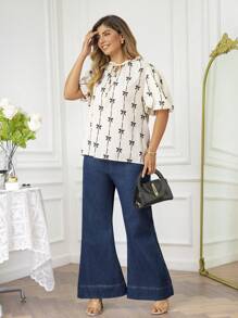 KURAYIA Plus Size Tie Collar Bow Print Lantern Sleeve Blouse - Apricot - View 6