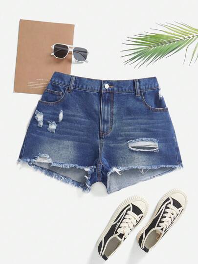 Breezaya Plus Size Women Pockets Distressed Fringed Hem Casual Denim Shorts