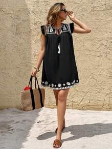 SHEIN Frenchy 女式法式刺绣蝴蝶结迷你盖袖休闲黑色连衣裙波西米亚风服装日常穿着流行款式女式连衣裙女式夏季服装复活节连衣裙女式黑色连衣裙度假装