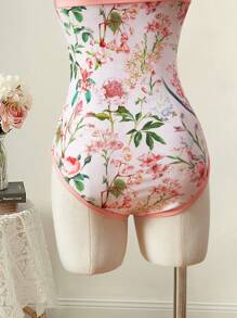 SHEIN MOD Costume da bagno a una pieza casual da donna con stampa floreale a maglia, con spalline e dettagli con nodo