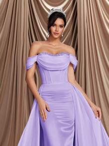 Glamrae Elegant Luxurious Beige Off Shoulder Neckline Dress With Faux Pearl Collar & Tie-Up Back, Ruched Fish Tail And Removable Flare Dress, Suitable For Wedding Events And Bridal Gowns, Bride - Purple - View 2