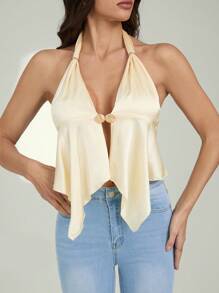 SHEIN Tall Halter Metal Buckle Decor Satin Tie-Up Fashionable Going Out Party Sexy Champagne Women Camisole