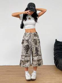 SHEIN EZwear 夏季乡村音乐会女款印花梭织七分裤 - 卡其色 - 查看 6