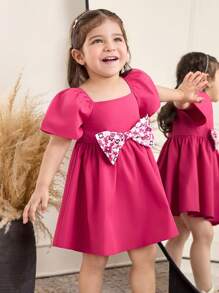 SHEIN Gaun Bayi Perempuan Longgar Kasual Nyaman dengan Leher Persegi dan Hiasan Pita - Hot Pink - View 4
