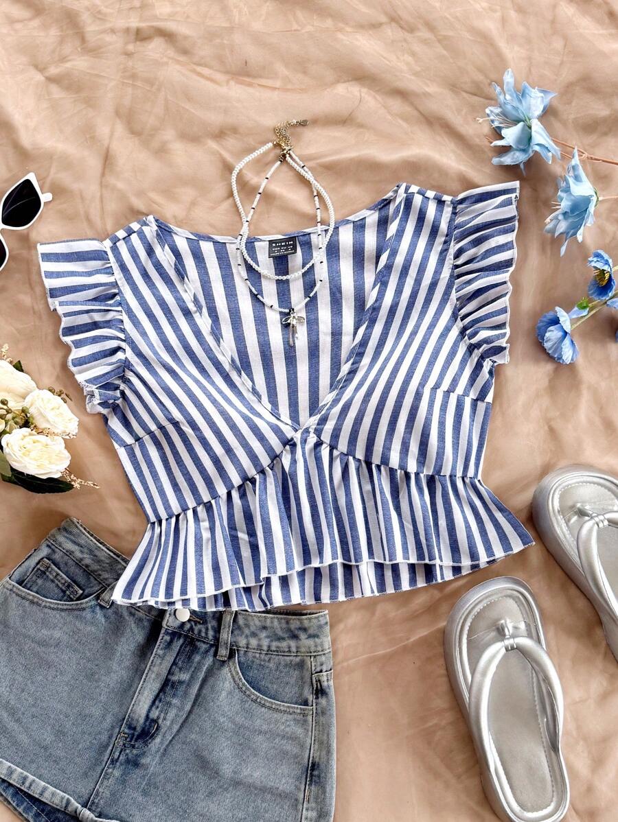 Soleia Blusas Volante A rayas Bohemio - Azul y blanco - Ver 1