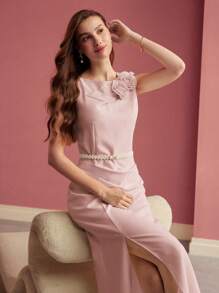 MOTF PREMIUM SLIT STEREO FLORAL DECOR DRESS,VALENTINE'S DAY OUTFIT - Pink - View 5