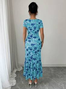 Elenzga Váy midi họa tiết hoa thanh lịch của Pháp có viền xếp nếp tay ngắn - Màu xanh lam - Xem 2