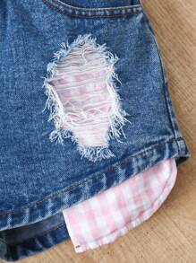 SHEIN Vintaside Kids 2pcs Girls Casual Outfit: Ruffle Strap Top In Pink & Distressed Denim Shorts In Blue With Plaid Belt, Stylish & Versatile For Everyday Wear Summer Holiday - Multicolor - View 7