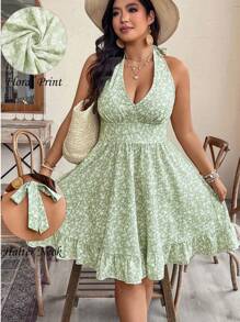 SHEIN Clasi Vestido elegante de gola V com babados, florido, para férias e momentos de lazer - Verde - Visão 5