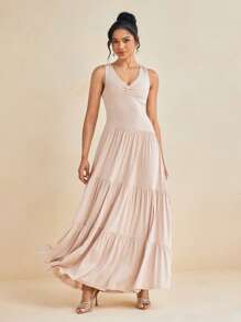 Amiko Light Brown Spring And Summer Deep V Pleated Asymmetric Bohemian Maxi Dress - Khaki - View 5