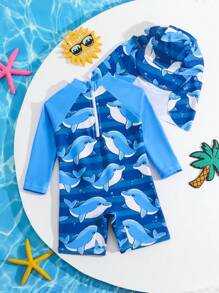 Baby Boy Dolphin Print Raglan Sleeve Long Sleeve One-Piece Swimsuit With Shorts, Random Print Pattern (Includes Hat) - Multicolor - View 2
