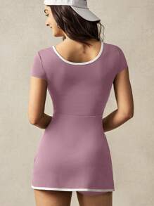 VARSIVA 心形领口短袖开衩撞色边缘迷你女式运动连衣裙 - 淺灰紫 - 查看 5