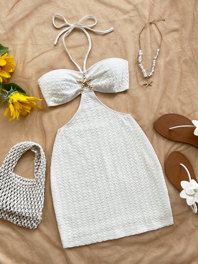 Soleia Women Vacation White Knit Texture Front Metal Sea Star Decor Hollow Waist Halter Neck Bodycon Mini Dress, Beach Resort Summer Outfit Women Summer Clothes Dress Women S Clothes Halter Mini Dress