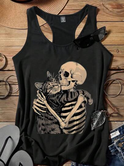 Attitoon Mother's Day Casual Minimalist Skull & Cat Music Festival Graphic Loose Fit Plus Size Camisole Tank Top, Suitable For Summer Vacation