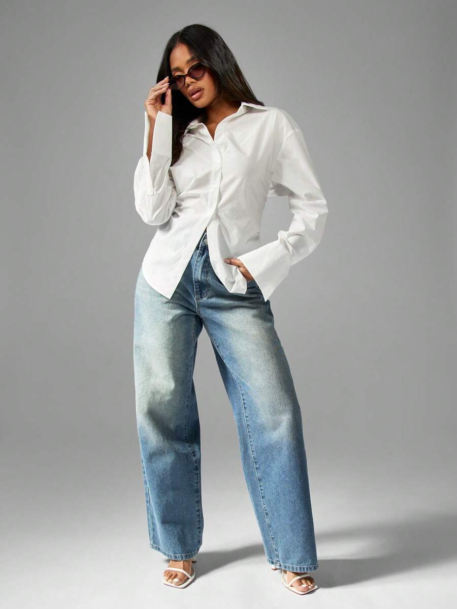 MISSGUIDED Professional Button-Down Collared Office Blouse Workwear Long Sleeve Fitted Career Top Business Casual Interview Shirt Work Essential Spring Fashion - White - View 1