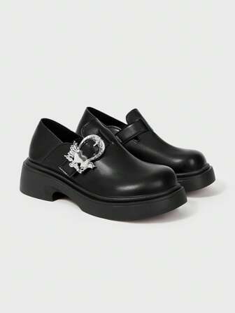 Women's Black Mary Jane Shoes, Strap Buckle Loafers With Metal Buckle, Punk/Goth Style Lug Sole Platform Shoes