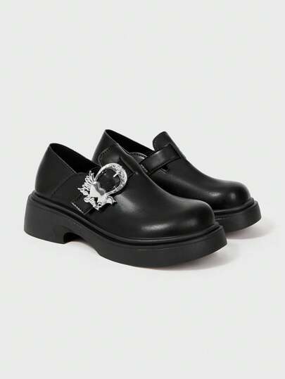 Women's Black Mary Jane Shoes, Strap Buckle Loafers With Metal Buckle, Punk/Goth Style Lug Sole Platform Shoes