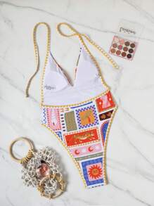 Swim Vcay Women's Sexy Halter Deep V-Neck Backless Tie Strap Floral Trim Digital Print One-Piece Swimsuit, Summer Beach