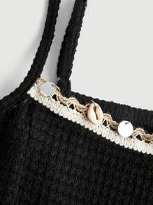 SHEIN MOD Conjunto de 2 piezas con top tipo camisola con borde de flecos en contraste, estilo bohemio, ideal para vacaciones, festivales de música country, salir de fiesta, vestimenta de verano