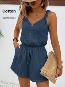 SHEIN Frenchy Women Texture Button Decor Elastic Waistband Summer Simple Casual Jumpsuit Shorts Women Rompers Shorts Women Linen Jumpsuit Comfy Jumpsuit