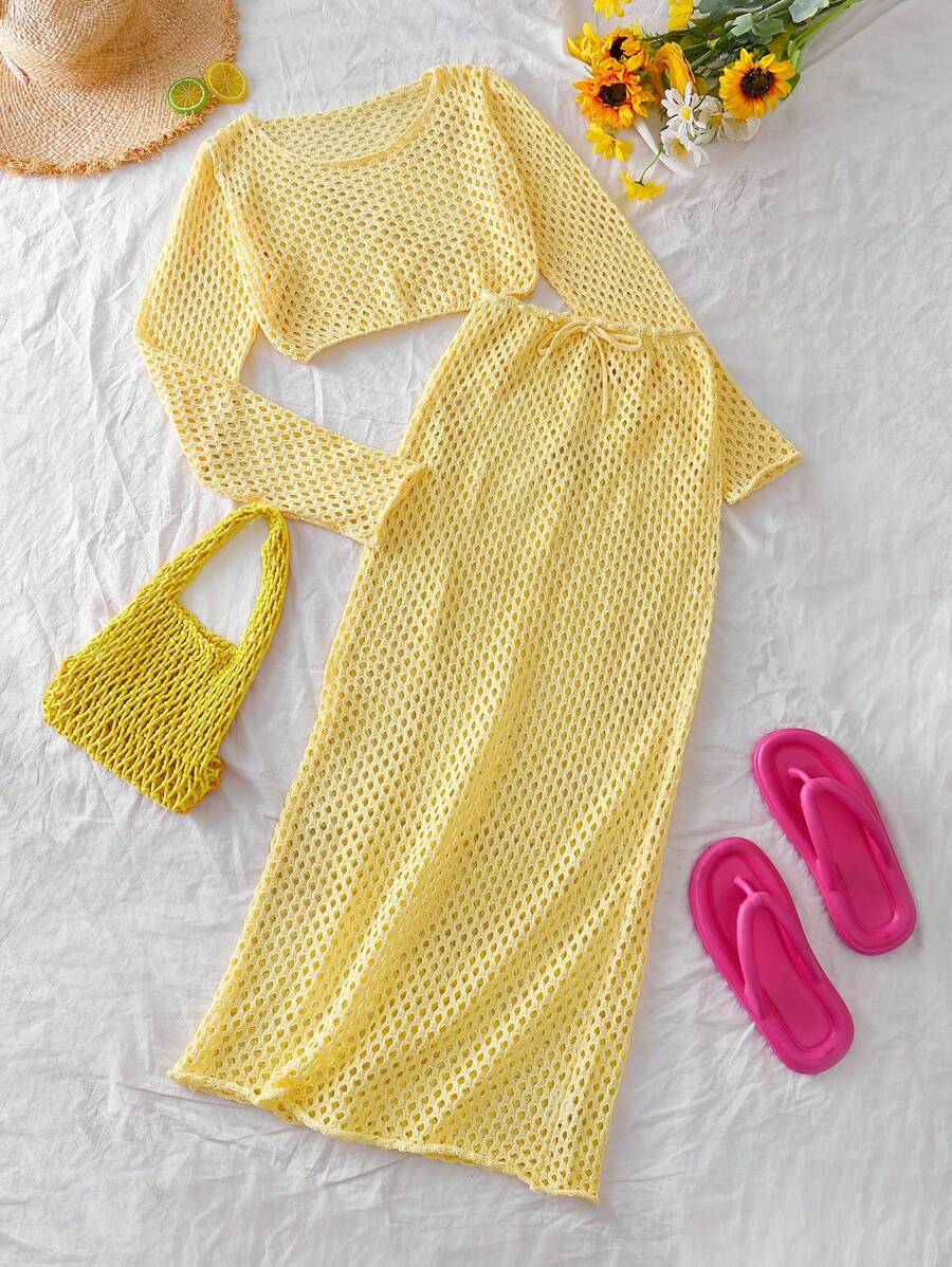 INAWLY 2pcs/Set Solid Color Round Neck Long Sleeve Top And Knotted Hem Skirt - Yellow - View 1