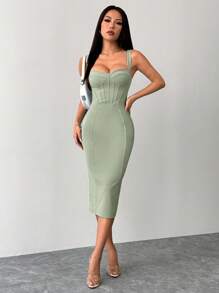 SHEIN PETITE Split Back Bodycon Blue Slim-Fitting Bust-Cup Hip Midi Dress,Mint Green Dress - Mint Green - View 5