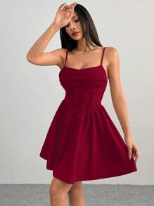 SHEIN PETITE Váy lãng mạn dành cho nữ có eo và viền - Màu Đỏ Sâu - Xem 5