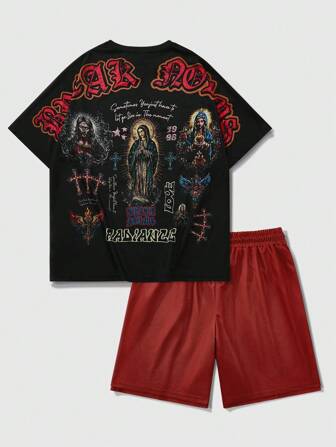 Herren Gothic Religiöses Grafik- & Buchstaben-Muster Rundhals Kurzarm T-Shirt und einfarbige Shorts 2-teiliges Set, Sommer, Halloween