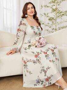 Modelyn Đầm đi nghỉ bằng vải chiffon in hoa thanh lịch cổ vuông tay đèn lồng cỡ lớn cho nữ - Nhiều màu - Xem 7